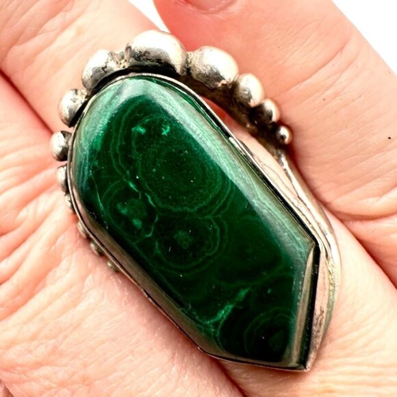 Vintage Modernist Womens Mens Ring Sterling Silver Malachite Brutalist - Picture 1 of 8